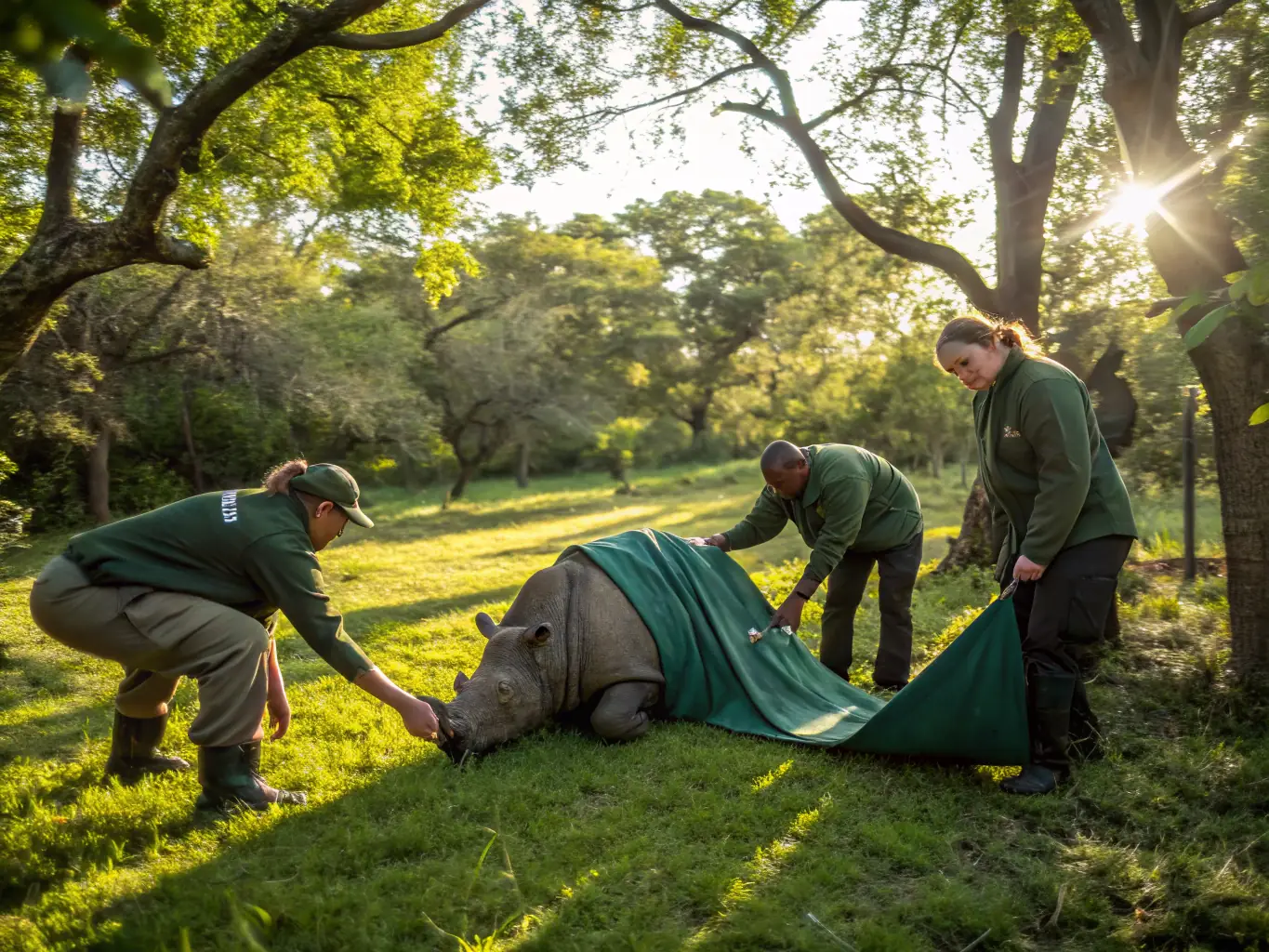 A team of conservationists releasing young game animals into a protected natural habitat.