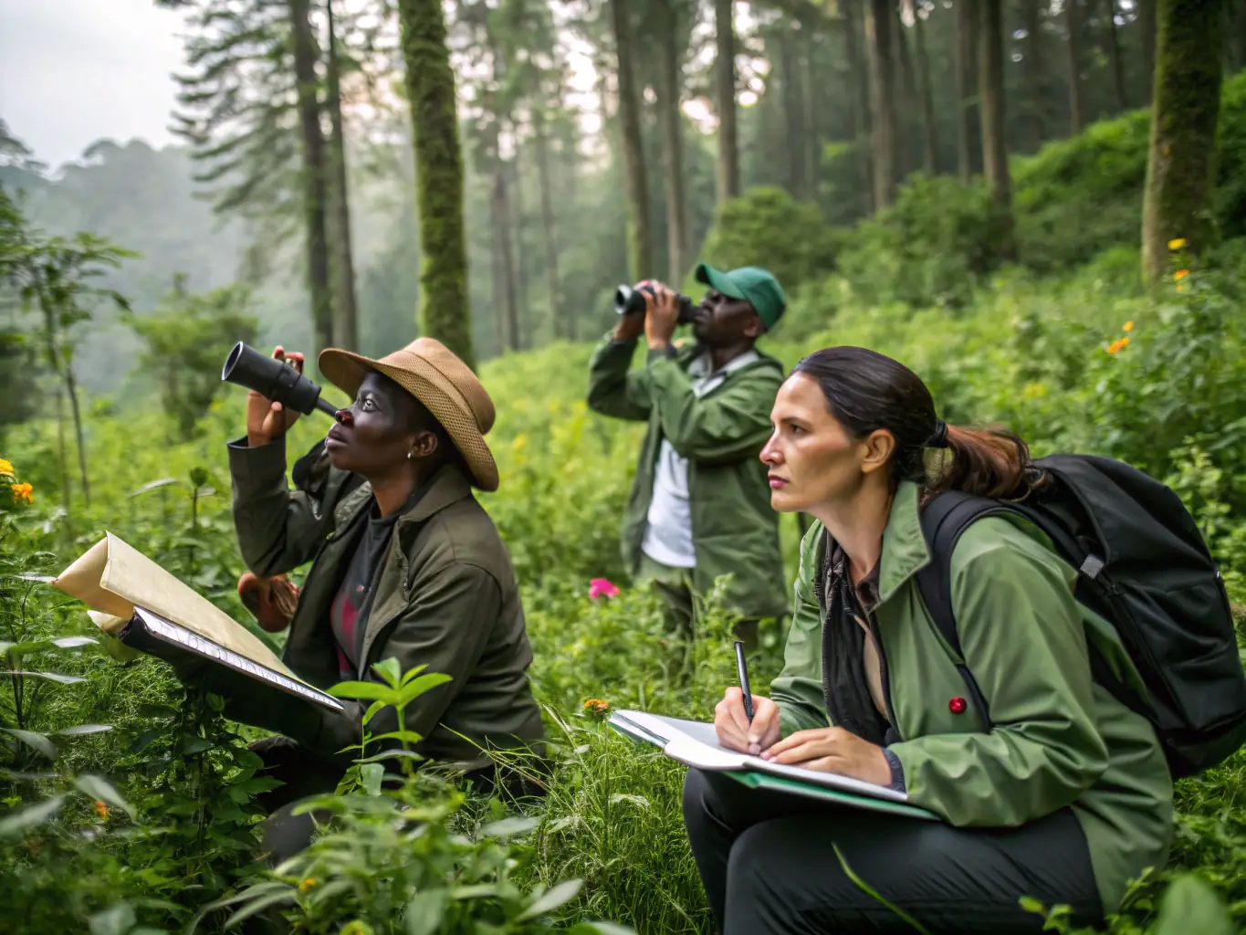 A lush forest scene with conservationists monitoring wildlife through binoculars, highlighting active protection efforts.