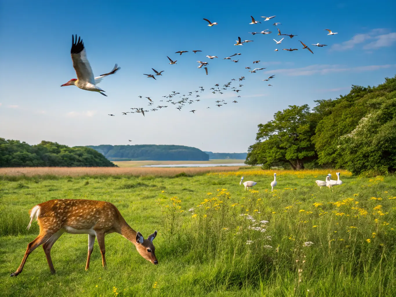 An image showing a balanced ecosystem with various species thriving, illustrating the role of responsible hunting in maintaining ecological equilibrium.
