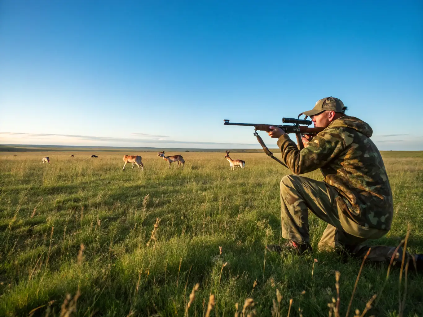A photograph depicting a hunter carefully observing a deer in its natural habitat, emphasizing the respect and knowledge required for responsible hunting.