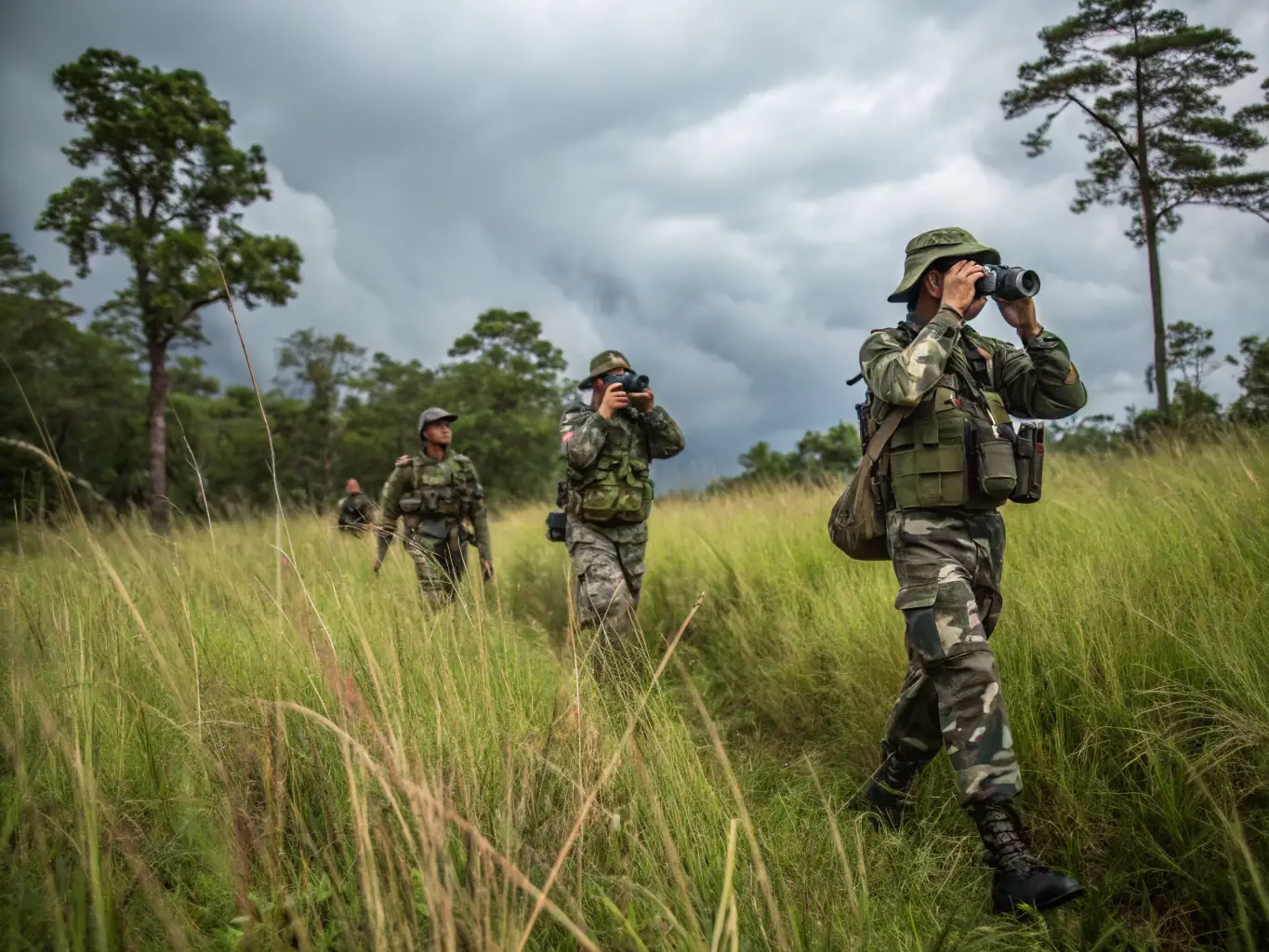 Wildlife officers inspecting a hunting site with anti-braconnage equipment, emphasizing law enforcement.