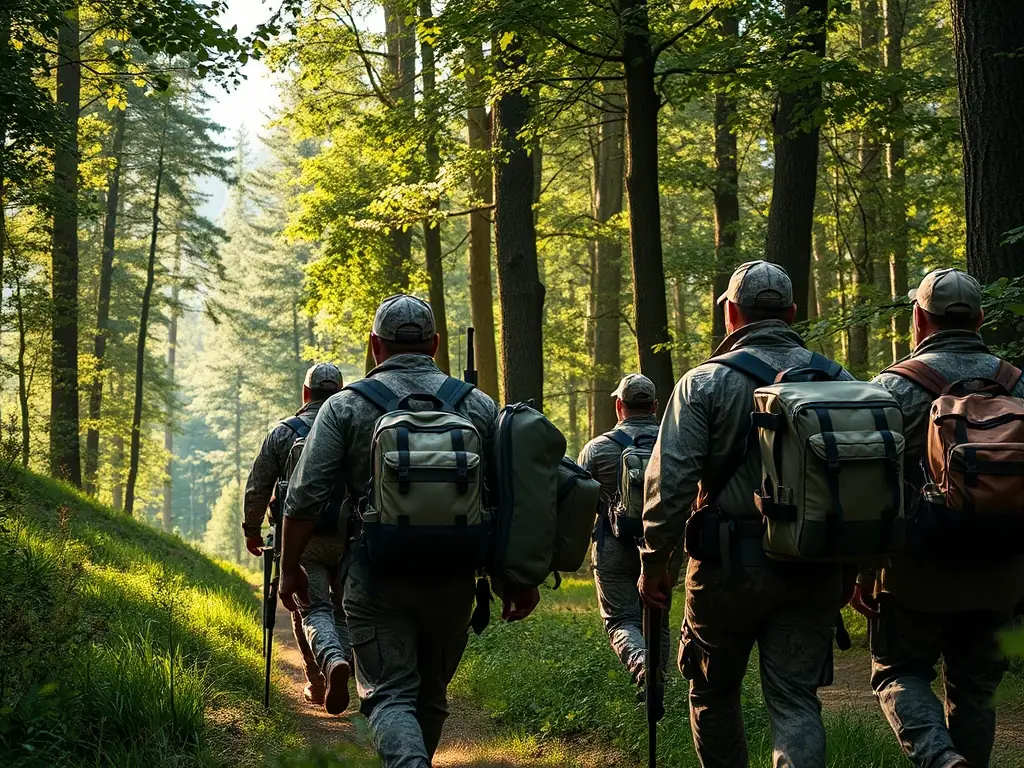A group of hunters participating in a controlled hunt, demonstrating responsible hunting practices and adherence to safety regulations in a natural setting.