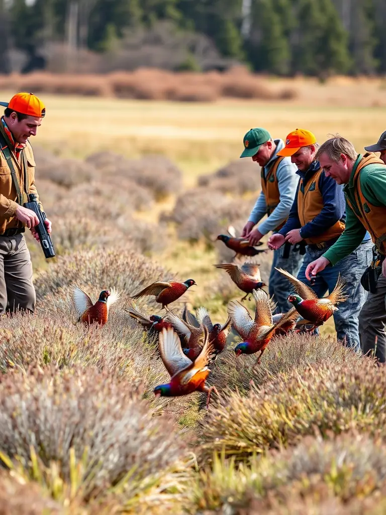 An image of volunteers releasing young pheasants into a protected area, illustrating the repopulation efforts undertaken by the organization.